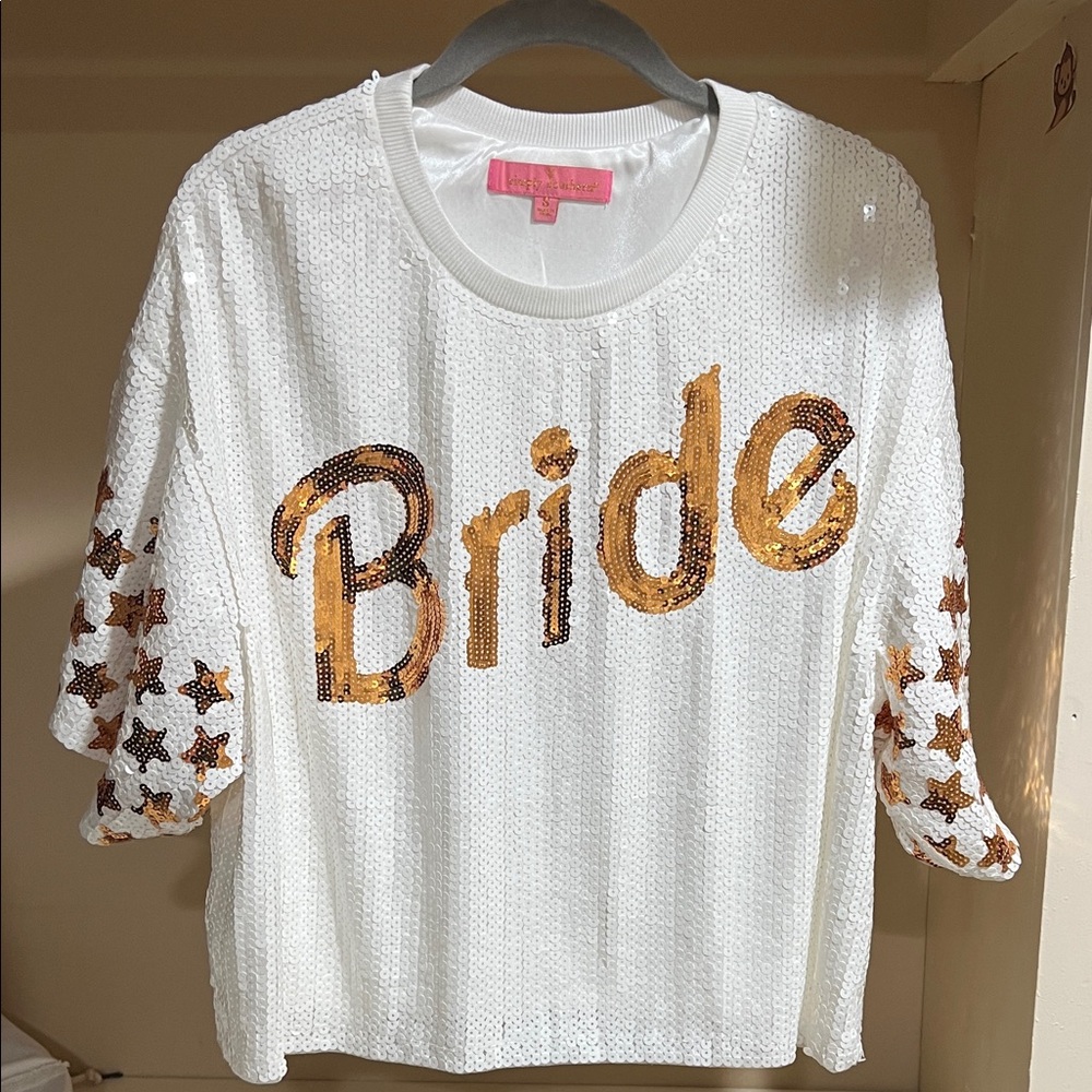 Simply Southern White Sequin "Bride" Top with Gold Sequin Accents